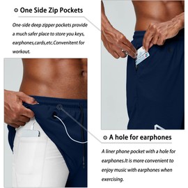 Pinkbomb Pantalones cortos de correr 2 en 1 para hombre, para gimnasio, entrenamiento, secado rápido, con bolsillo para teléfono, azul marino (Navy Blue2), X-Large