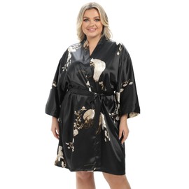 Vaborous Women's Plus Size Floral Robes - Satin & Silky Bathrobes & Kimono Robes - Bridesmaid Sleepwear, Black, 3X/4X