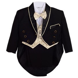 Lito Angels Baby Boys Tuxedo Wedding Suits & Blazers, 5 Pieces Formal Outfit Set with Gold Jacquard Waistcoat, Age 12-18 Months, Black
