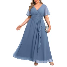 Dusty Blue Dress Plus Size Formal Dresses Bridesmaid Wedding Guest Mother of The Bride Prom Chiffon Short Sleeve Women