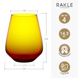 RAKLE Stemless Wine Glasses – Gradient Brown Wine Glasses Set of 4 – 14.3oz Colorful Wine Glasses – Lead-Free Premium Glass – Brown Stemless Wine Glasses for Cocktails, Wine