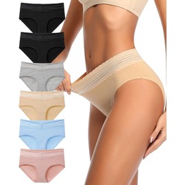 OLIKEME Cotton Underwear for Women Mid-High Waisted Lace Lady Panties No Show Breathable Hipster Briefs 6Pack