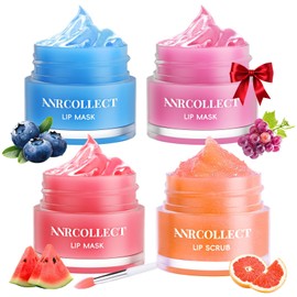 ANRCOLLECT Lip Mask + Lip Scrub, Lip Scrub, 4P Lip Care Set with 3 Lip Sleeping Masks, Lip Mask Overnight, Lip Balm Set for Dry, Brittle, Cracked Lips, Fine Lines & Wrinkles