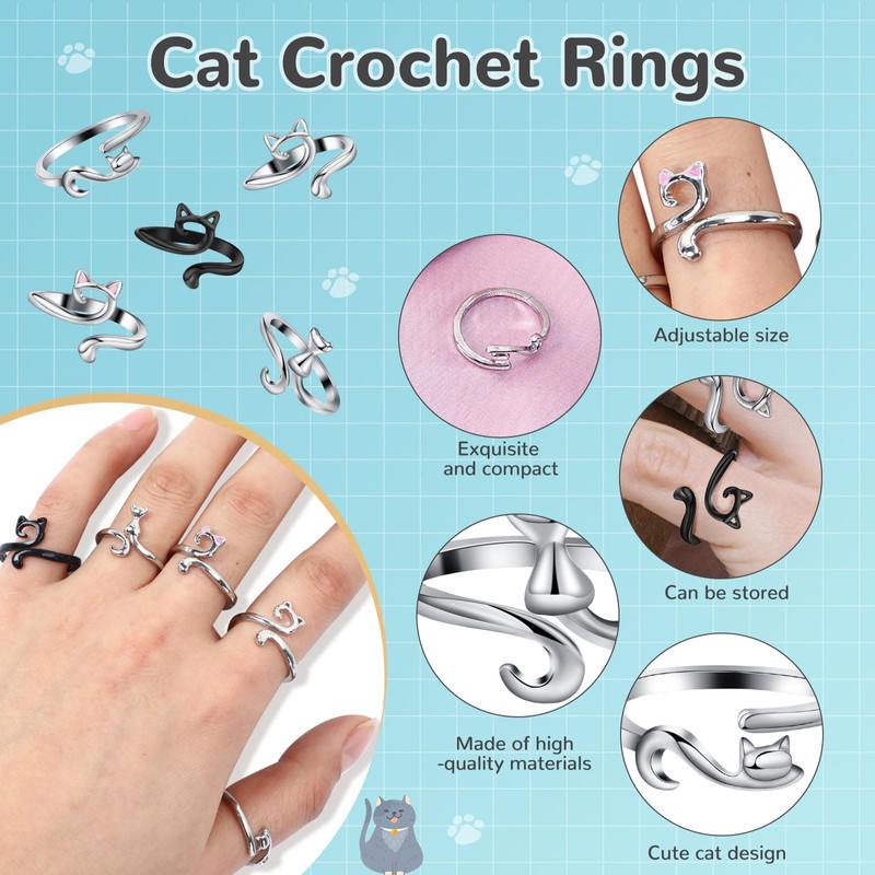 MARFOREVER 5 Pcs Crochet Rings Cat Crochet Tension Ring, Adjustable
