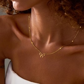 Hothrty Bow Necklace 14K Real Gold Plated Choker Bead Chain Dainty Gold Necklace for Woman Pendant Necklace Gold Jewelry Trendy Gold Necklace for Woman Jewelry Gift