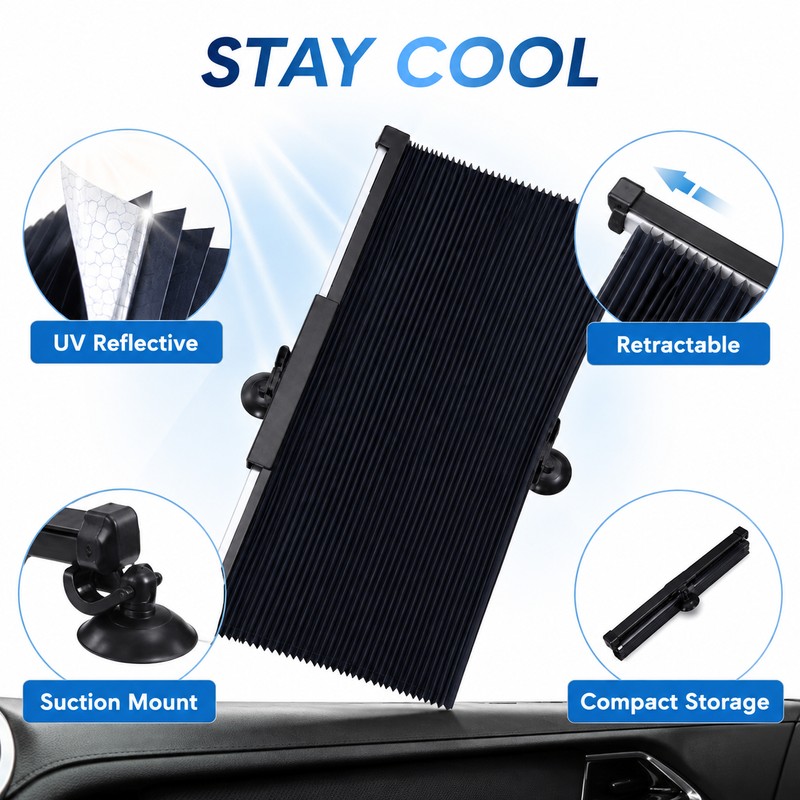 Retractable Car Sunshade for Windshield - Reflective Foldable UV Heat