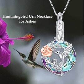 TOUPOP Hummingbird Urn Necklace for Ashes Sterling Silver Hummingbird Ashes Pendant Necklace with Purple Crystal Cremation Jewelry w/Funnel Filler Keepsake Memory Jewelry for Women