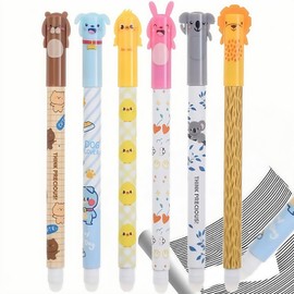Cartoon Erasable Pen Tip, Erasable Gel Pens, Cartoon Pen Erasable, Erasable Ballpoint Pen with Thermo-Sensitive Erasing Ink for Children, Students, School, Office, Pack of 6, Black