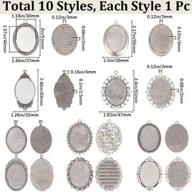 SOFPLATE 10Pcs 10 Styles Cabochon Bezel Blanks Charm Bezel Tray Alloy Tibetan Style Vintage Flat Oval Antique Silver Trays Pendants Settings for Jewellery Making Charms Necklace Supplies DIY Crafts