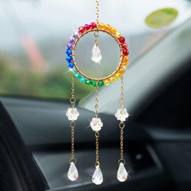 Bling Crystal Car Rearview Mirror Accessories, Cute Car Interior Rear View Mirror Charm, Rainbow Maker Car Decoration Present for Women, Lucky Car Pendant for Car Wall Door Window (Round)