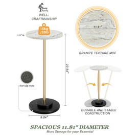Round Side Table, Small Drink Table for Small Spaces, Modern Accent End Table Coffee Table with Metal Leg for Living Room, Bedroom, Corners, and Office (Marble)