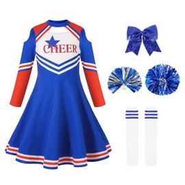 LOLANTA Cheerleader Costume Children, Girls Cheerleader Uniform Dress with Pompoms Socks and Headpiece, Long Sleeve Cheerleading Carnival Costume (Blue, 7-8 Years, Day Size 130)