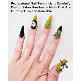 CAMILCY Press on Nails Handmade Nails Luxury Reusable Fake Nails For Girls Short Almond Armor Black Green Diamonds Hand Painted Salon Loveful Design Acrylic Gel UV Finished For Women 3D Nails 10PCS L