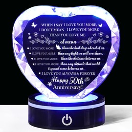 50th Wedding Anniversary Crystal Heart Gifts for Parents, Crystal Heart with Colorful Light Base 6 Lights Modes Night Light with Meaningful Words and Patterns, 50th Wedding Anniversary Romantic Gifts