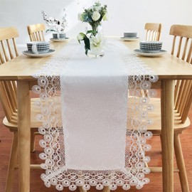 BrekSdat Lace Table Runner for Rectangle Dining Table White 16 x 70 Inches Dandelion Lace Fabric Washable for Wedding Party Kitchen Banquet Outdoor