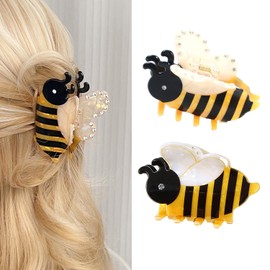 2pcs Cute Yellow Bee Hair Clips, Novelty Bumble Bee Claw Clips, Funny Acetate Bee Hair Accessories for Girls, 2.5 Inch Small Animal Hair Clips with Rhinestone Decoration