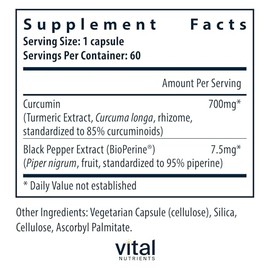 Vital Nutrients – Extracto de curcumina (con bioperina) – Apoyo nutricional para la salud normal del tela, 700 mg