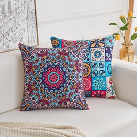 Set of 4 Throw Pillow Covers 45x 45cm Hippie Boho Floral Outdoor Cushion Covers Mandala Boho Linen Square Pillowcase for Sofa Outdoor Indoor Home Decor