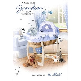 On the Birth of Your Grandson Card - New Baby Grandson - Congratulations - Moses Basket Teddy Bears Silver Foil