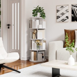 OTK Rotating Bookshelf, 360° Display Standing Book Shelf Organizer, 4 Tier Wooden Corner Bookshelves for Small Space, Small Bookcase Storage Rack for Kids' Room, StudyRoom, Bedroom, White