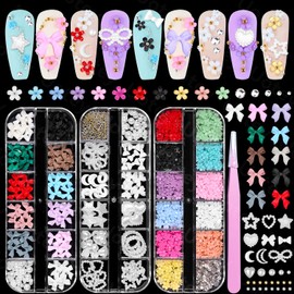 3 Boxes Flower Nail Charms, Mixed Bow Tie Flowers Charms for Nails Pearl Star Heart Nail Art Charms, Tiny Flowers Bowknots Charms for Acrylic Nail DIY Accessories