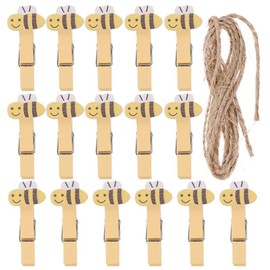VOSAREA 20pcs Mini Wooden Clothespins Cartoon Bee Photo Clips Small Paper Pegs with Jute Twine Rope for DIY Crafts Pictures Clothes
