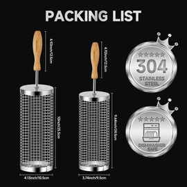 Rolling Grill Baskets(2 PCS),Removable Wooden Handle,304 Stainless Steel, BBQ Accessories Tools for Vegetable Shrimp Meat,Outdoor Cooking Rotating Grill Rack,Grilling Net Tubes,Gifts for Men Dad Husband Father Grandpa