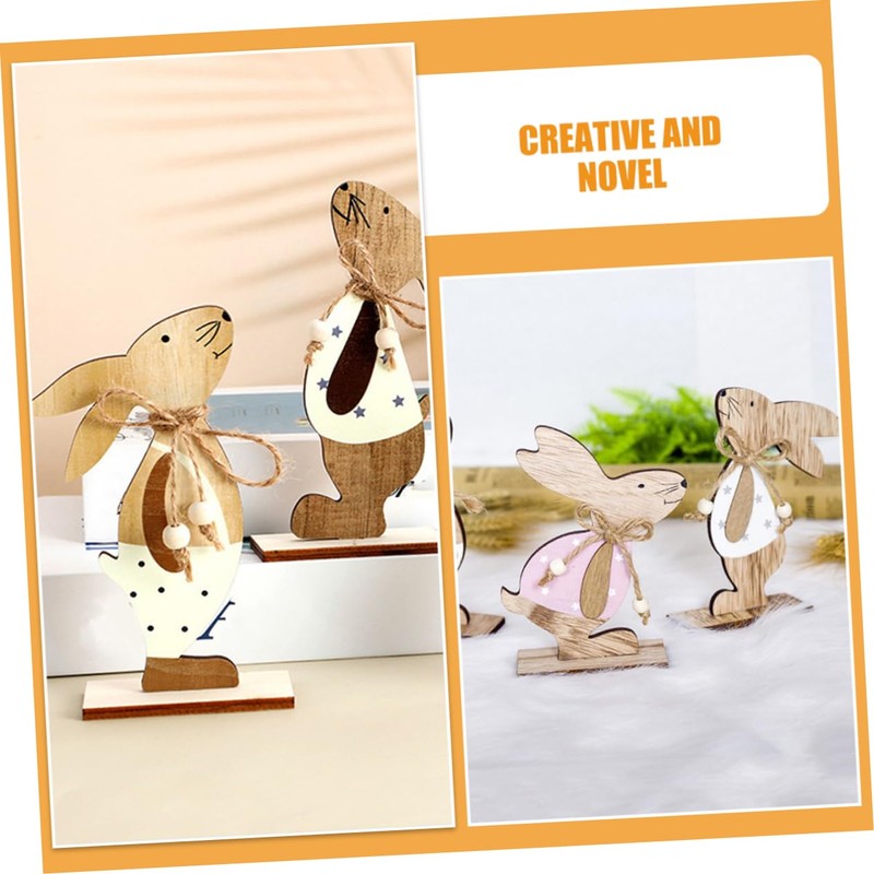 Ipetboom 3pcs Wooden Easter Bunny Decorations Cartoon Style Rustic Rabbit