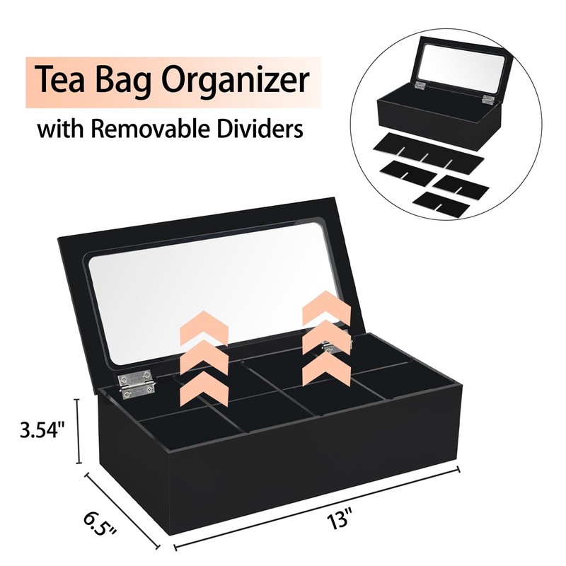 Tasybox Tea Bag Organizer, Acrylic Tea Box with Lid, Tea