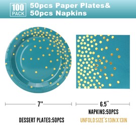 CENLBJ Blue Green Gold Paper Plates and Napkins-100 PCS-50 x 7''Dessert Plates & 50 x 6.5''Napkins,Gold Dots Paper Plates Party Supplies,for Father's Day,Independence Day,Birthday,Picnics