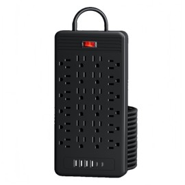 30-in-1 Power Strip with Overload Protection, 24 AC Outlets, 4 USB Ports, 2 Type-C Ports - Wall-Mountable, 5ft/10ft Extension Cord, Flat Plug, Ideal for Office, Home, Factory, School (Black, 10FT)