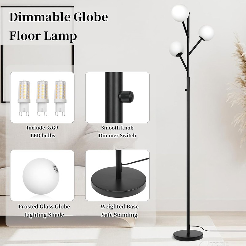 3-Globe Mid Century Black Tree Floor Lamp for Living Room,70in