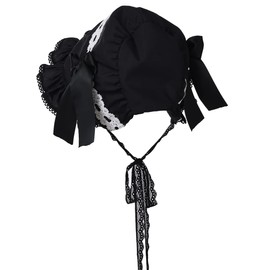 Victorian White Lace Bonnet Hat for Women Ladies Handmaid Medieval Colonial Costume Accessory Cotton (Black)