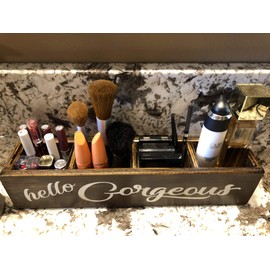 Cosmetic Organizer for Bathroom *Hello GORGEOUS, BEAUTIFUL, or Keep it SIMPLE Cosmetic Makeup Accessory *Wood Box Tray Caddy with Dividers *Counter decor, vanity, office desk *Beauty *Customize Saying
