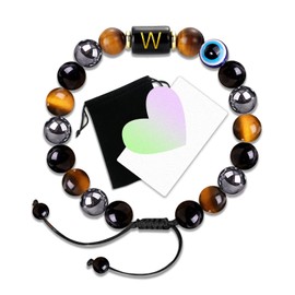 Initial Triple Protection Bracelet for Men,Black Evil Eye Tiger Eye Hematite Obsidian Good Luck Healing Crystal Stones Mens Bead Bracelet Jewelry Gift (W initial bracelet, Triple Protection)