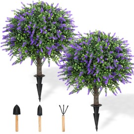 CAZZOVA Artificial Lavender Topiary Ball - Tree for Outdoors with Garden Tools - 2 Pack of 24'' Fake Outdoor Boxwood Bushes & Shrubs for Planters with Ground Spike - Faux Evergreen Trees UV Resistant