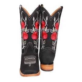 Women’s Square Toe Cowgirl Cowboy Boot Embroidered Floral Roses Western Boots Black (7,Red Rose)