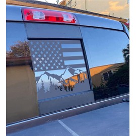 for 2023-2024 Chevy Sierra Silverado Rear Middle Window Mountain American Flag Decals, Matte Black USA Flag Decal