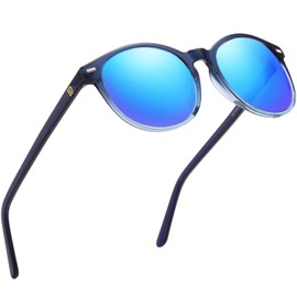 DUCO Retro Round UV400 Polarized Sunglasses for Women Men Vintage Shades Classic Acetate Trendy Fashion Sunglass DC1230 (Catalina Blue Frame Revo Blue Lens)