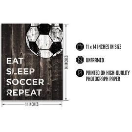 Govivo Eat Sleep Soccer Repeat room decor - Sports wall decor for boys and girls - Kids sport bedroom decor - Soccer ball rustic wall art - Thoughtful gift for a coach - 11x14 unframed print