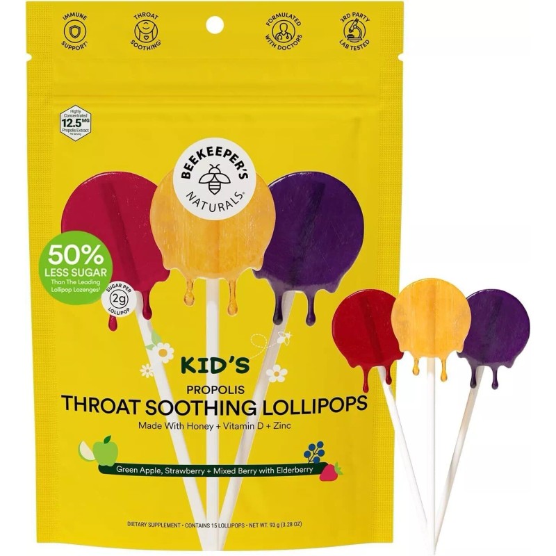 Beekeeper's Naturals Kids' Throat Soothing Lollipops Immune Support with Propoli