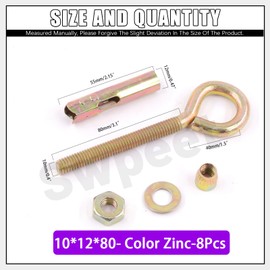 Swpeet 8Pcs M10 Thread Wall Concrete Brick Expansion Screws Closed Anchor Hook, Expansion Eyebolt Screws Bolts, Heavy-Duty Expansion Bolts with Eye Ring, Sleeve Anchor, Expansion Hooks