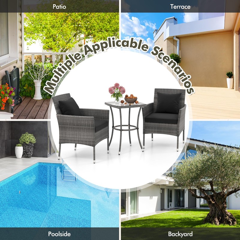 Tangkula 3-Piece Patio Furniture Set, PE Wicker Conversation Bistro Set