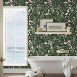 Fititem Floral Peel and Stick Wallpaper Boho Floral Contact Paper Flower Removable Self Adhesive Contact Paper Wildflower Dark Green Vintage Waterproof Wallpaper Bathroom Bedroom Leaf 17.3inW 393inL