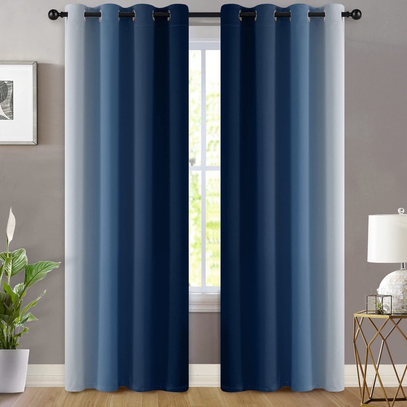Yakamok Blue and Greyish White Ombre Curtains, Room Darkening Gradient