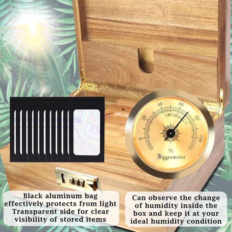 TMKEFFC Large Wooden Box with Combination Lock,Humidity Meter,Removable Tray,10 Light-safe