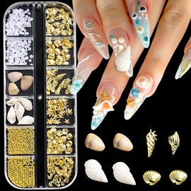 Summer Nail Charms Pearls Seashell Starfish Gold Nail Rhinestones Nail Gems 3D Nail Steel Studs Summer Metal Nail Art Charms Ocean Theme Conch Seahorse Beads Designs Nail Supplies for Women 12 Grids