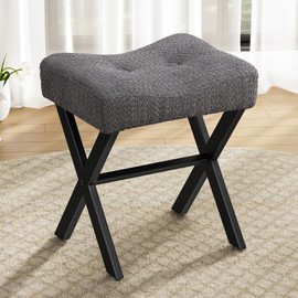 Memobarco Vanity Stool, 18 Inch Saddle Seat Makeup Stool with Metal X Legs, Breathable and Soft Boucle Fabric Footrest, Ottoman Foot Rest for Vanity, Living Room and Entryway, Gray
