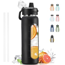 Kodrine Water Bottle With Straw and Carry Handle, Glass Water Bottle 24 oz Leak Proof Locking Lid with Soft Silicone Spout, Small Clear Water Bottle, Travel Sports Water Jug, Time Marker, Black