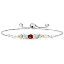 925 Sterling Silver and 10K Yellow Gold Red Garnet White Opal and White Lab Grown Diamond Tennis Bracelet For Women (1.57 Cttw, Gemstone January Birthstone, Fully Adjustable Up to 9 Inch)